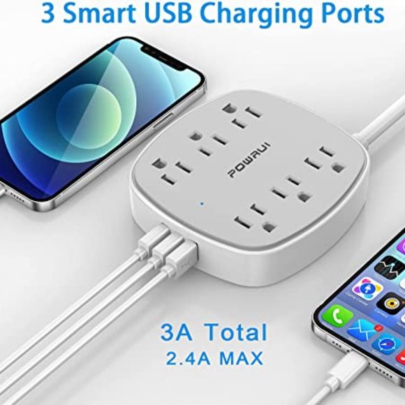 POWRUI Flat Plug Extension Cord with 6 Outlet Extender and 3 USB Ports, 6 Feet - Picture 4 of 7